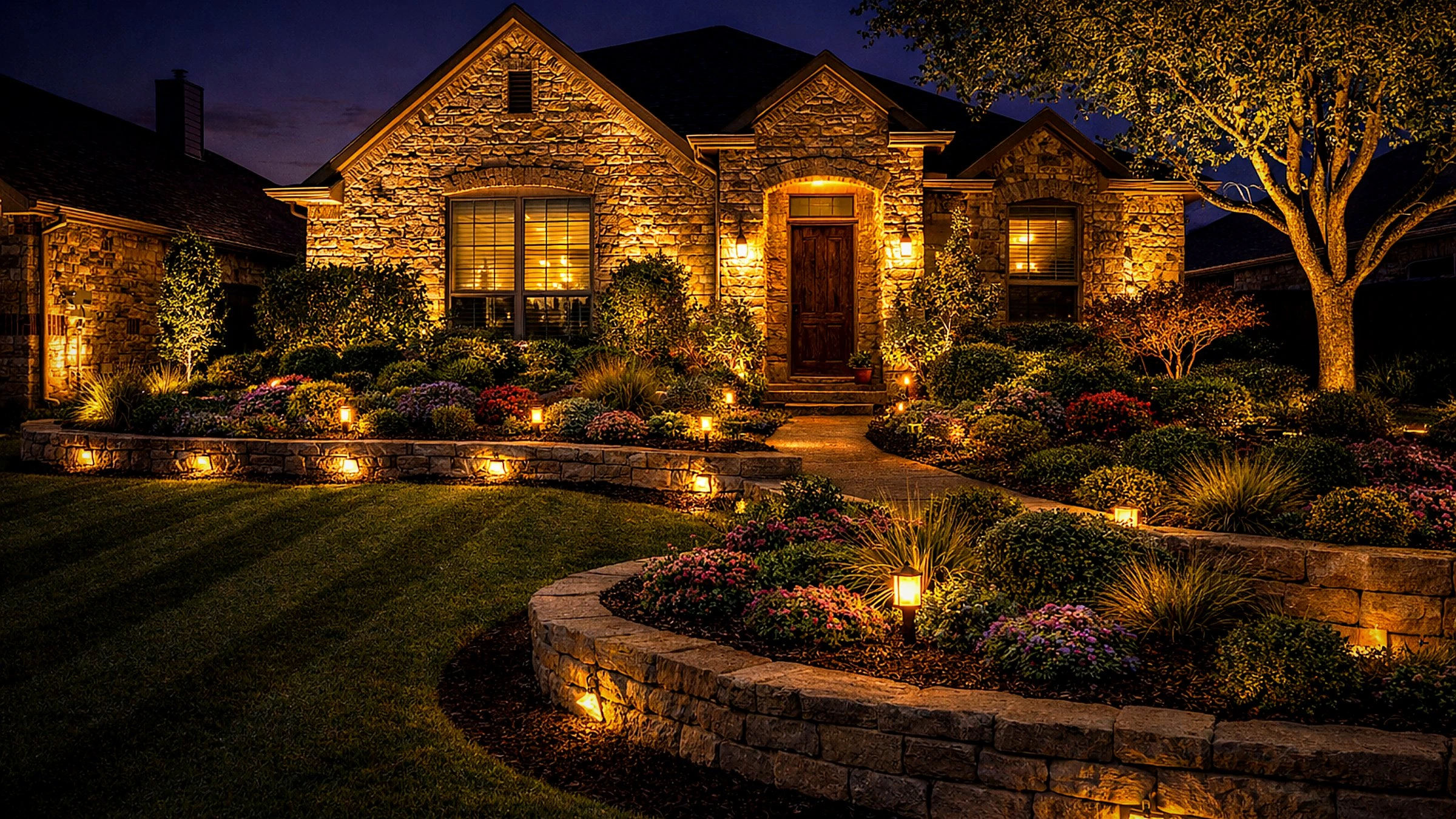 Luxury landscaped backyard with architectural lighting
